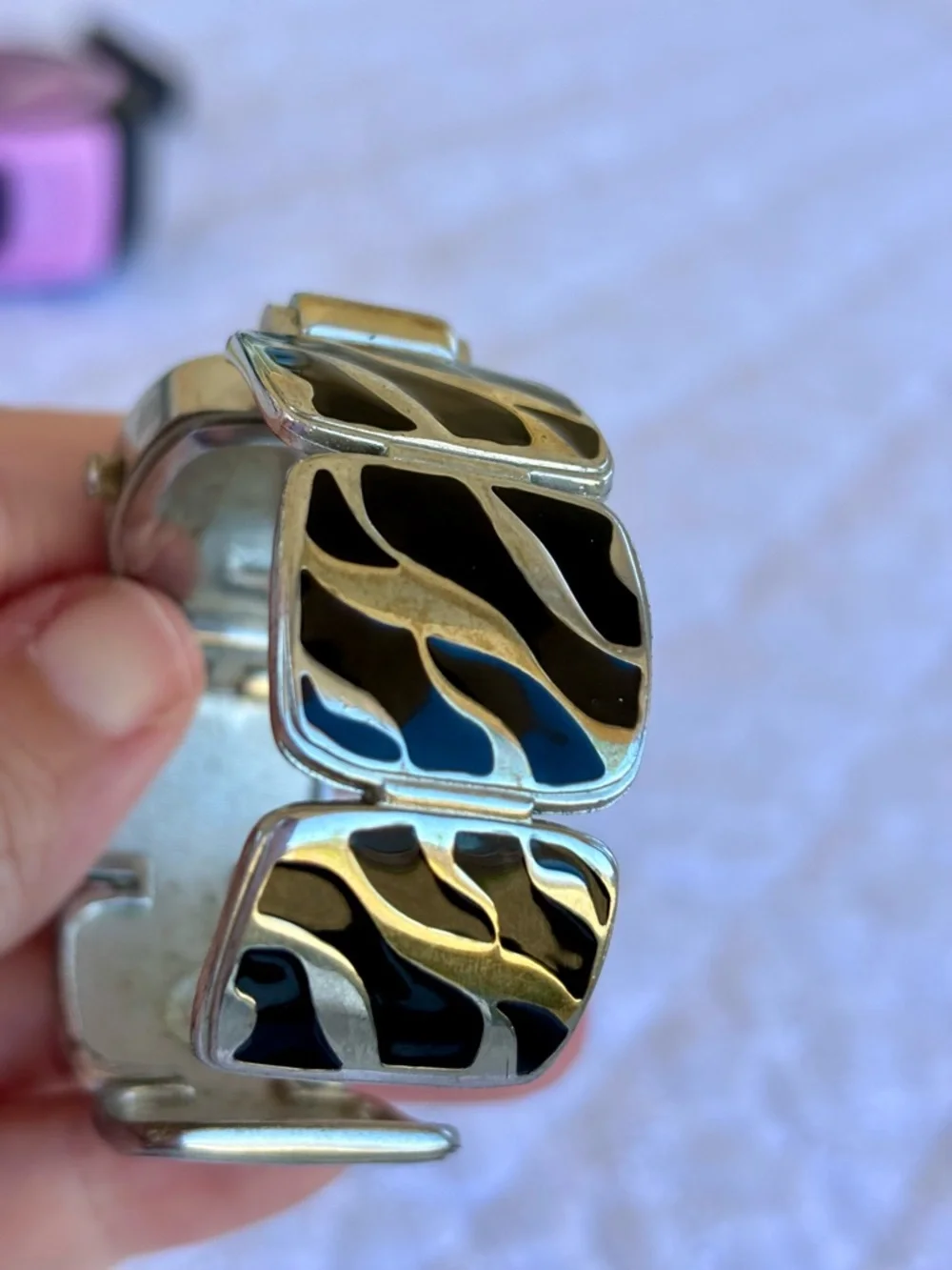 Vintage Narmi Zebra Cuff Watch Silver Black‎ Hinged Bangle New Battery